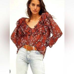 FREE PEOPLE beautiful Peasant floral gauze blouse Sz S